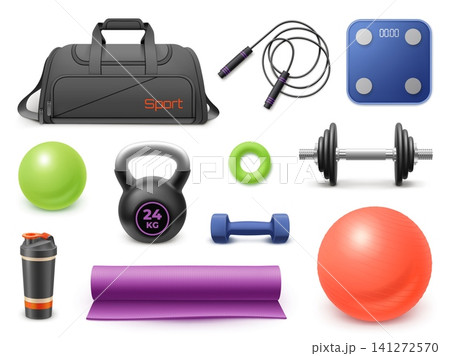 Realistic fitness equipment. 3d gym accessories, yoga mat workout training inventory dumbbell sport bag pilates ball bottle health physio exercise set garish vector illustration Realistic fitness equipment. 3d gym accessories, yoga mat workout training inventory dumbbell sport bag pilates ball bottle health physio exercise set garish vector illustration 141272570