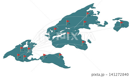 Modern isometric world map vector illustration depicting global networks, shipping logistics, and business connections with red flag pins and dashed lines on a white background. Modern isometric world map vector illustration depicting global networks, shipping logistics, and business connections with red flag pins and dashed lines on a white background. 141272840