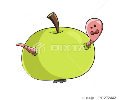 A humorous cartoon illustration of a scared pink worm wriggling through a ripe green apple. This playful, bright design evokes fun and surprise. Isolated on white background, nobody. A humorous cartoon illustration of a scared pink worm wriggling through a ripe green apple. This playful, bright design evokes fun and surprise. Isolated on white background, nobody. 141272882