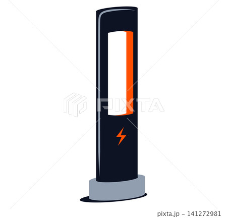 Modern electric vehicle charging station vector icon. Clean minimalist design featuring a sleek black column with a bright display and orange lightning bolt. Perfect for green energy concepts. 141272981