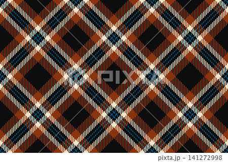 Hounds tooth texture seamless check, costume background plaid fabric. Bandanna pattern textile vector tartan in black and orange colors. 141272998