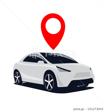 This sleek white car vector illustration features a red map pin pointer, perfect for GPS tracking, vehicle rental apps, ridesharing services, and realtime vehicle location. This sleek white car vector illustration features a red map pin pointer, perfect for GPS tracking, vehicle rental apps, ridesharing services, and realtime vehicle location. 141273043