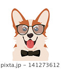 Cute corgi dog character portrait, joyful puppy, showcasing a big smile and bright, attentive eyes. Corgi in glasses and with bow tie. Vector illustration 141273612