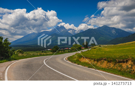 Sunlit green mountain valley with meadow, forested slopes in Zakopane Tatras mountains Sunlit green mountain valley with meadow, forested slopes in Zakopane Tatras mountains 141273713