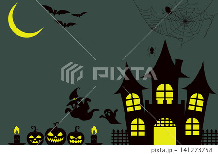 ハロウィンの洋館と三日月のシックなダークグリーンとダークグレーの背景・コピースペース ハロウィンの洋館と三日月のシックなダークグリーンとダークグレーの背景・コピースペース 141273758