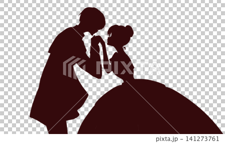A prince kisses the back of the princess's hand; his cape is visible in silhouette. A prince kisses the back of the princess's hand; his cape is visible in silhouette. 141273761
