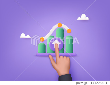 Businessman hand touching point graph growth or increase business chart. Trade arrow. Business infographics icons. Statistic and data, charts diagrams. 3D Web Vector Illustrations. 141273801