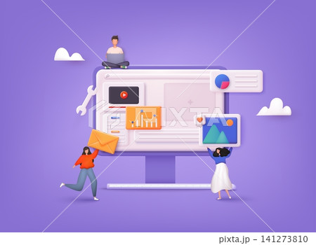 A team of people is developing a website by filling it with functions, concept vector illustration for the development of websites and mobile sites. 3D Web Vector Illustrations. A team of people is developing a website by filling it with functions, concept vector illustration for the development of websites and mobile sites. 3D Web Vector Illustrations. 141273810