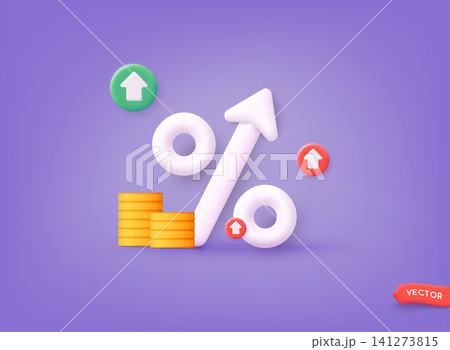 Icon percent with arrow. Market analysis, investment or interest rate. 3D Web Vector Illustrations. 3D Web Vector Illustrations. Icon percent with arrow. Market analysis, investment or interest rate. 3D Web Vector Illustrations. 3D Web Vector Illustrations. 141273815