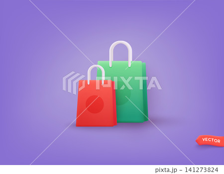 Set of Shopping bag realistic 3d design. Stylish fashionable bag isolated on white background. 3D Web Vector Illustrations. Set of Shopping bag realistic 3d design. Stylish fashionable bag isolated on white background. 3D Web Vector Illustrations. 141273824