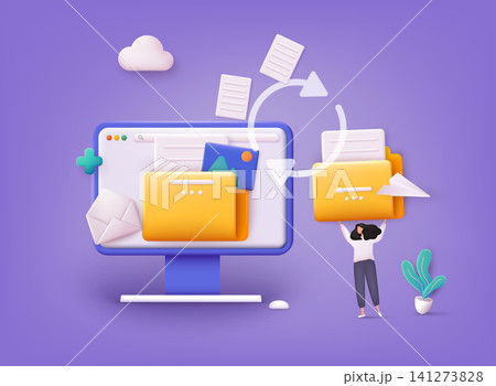 Transfer file of data between folder. Transmission of document. Backup of information on pc system. Exchange of file. 3D Vector Illustrations. Transfer file of data between folder. Transmission of document. Backup of information on pc system. Exchange of file. 3D Vector Illustrations. 141273828