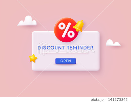 Notification or message about a gift coupon and discount. Online shopping, discount offer, sales, promotion. 3D Web Vector Illustrations. Notification or message about a gift coupon and discount. Online shopping, discount offer, sales, promotion. 3D Web Vector Illustrations. 141273845