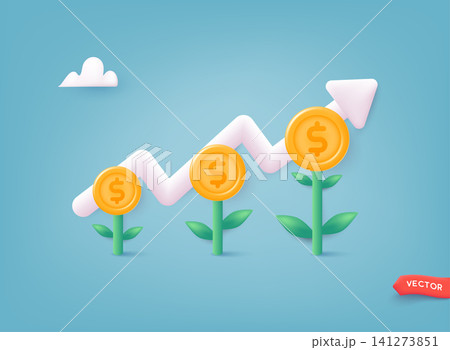 Financial or investment growth, increase earning profit and capital gain, success in wealth management concept. 3D Web Vector Illustrations. Financial or investment growth, increase earning profit and capital gain, success in wealth management concept. 3D Web Vector Illustrations. 141273851
