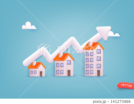 Housing price rising up, real estate or property growth concept. Real estate transaction and rising of property value. 3D Web Vector Illustrations. Housing price rising up, real estate or property growth concept. Real estate transaction and rising of property value. 3D Web Vector Illustrations. 141273866