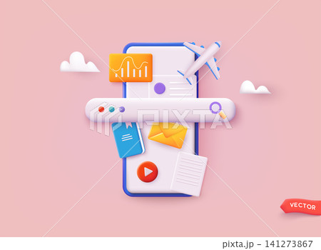 Mobile phone with search bar popping out. 3D Web Vector Illustrations. Mobile phone with search bar popping out. 3D Web Vector Illustrations. 141273867