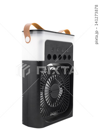 mini air conditioner humidifier side three quarters view with leather strap on top mini air conditioner humidifier side three quarters view with leather strap on top 141273878