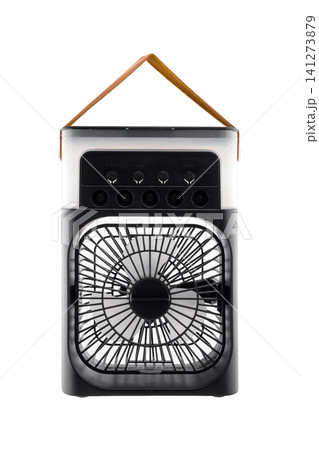 portable air cooler front view with raised leather handle on white background portable air cooler front view with raised leather handle on white background 141273879
