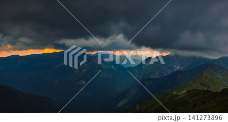 View from Kasprowy Wierch szczyt - panorama with dramatic clouds View from Kasprowy Wierch szczyt - panorama with dramatic clouds 141273896