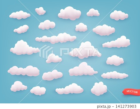 White 3d clouds set isolated on a blue background. Different shape cartoon white clouds. Vector decoration element. White 3d clouds set isolated on a blue background. Different shape cartoon white clouds. Vector decoration element. 141273903