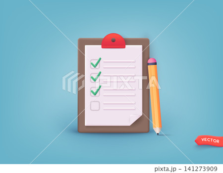 Checklist on a clipboard paper. Successful completion of business tasks. 3D Web Vector Illustrations. 141273909