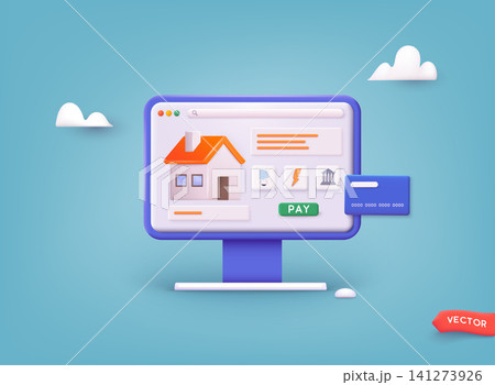 Invoice and electricity meter. Utility bills payment. Electricity consumption expenses. Technician repair, meter installation, energy saving. 3D Web Vector Illustrations. Invoice and electricity meter. Utility bills payment. Electricity consumption expenses. Technician repair, meter installation, energy saving. 3D Web Vector Illustrations. 141273926