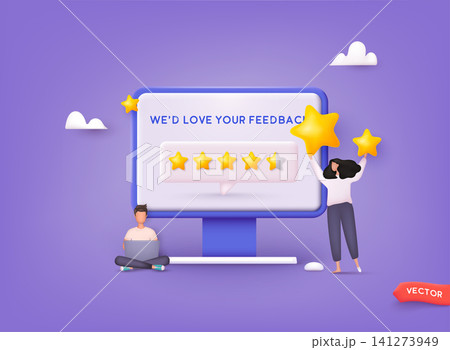 People Characters Giving Five Star Feedback. Vector customer review concepts. Reviews stars with good and bad rate and text. 3D Web Vector Illustrations. People Characters Giving Five Star Feedback. Vector customer review concepts. Reviews stars with good and bad rate and text. 3D Web Vector Illustrations. 141273949