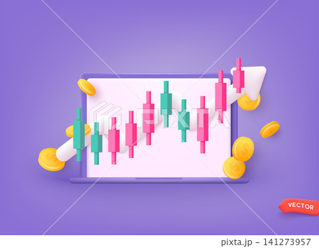Online trading with computer. Technical analysis candlestick chart. Global stock exchanges index. Forex trading concept. Trading strategy. 3D Web Vector Illustrations. Online trading with computer. Technical analysis candlestick chart. Global stock exchanges index. Forex trading concept. Trading strategy. 3D Web Vector Illustrations. 141273957