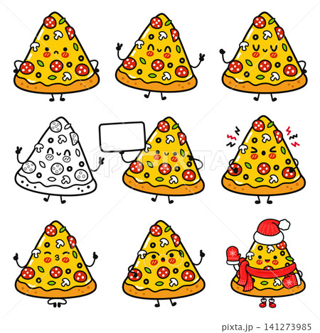 Set of cute pizza slice characters Set of cute pizza slice characters 141273985