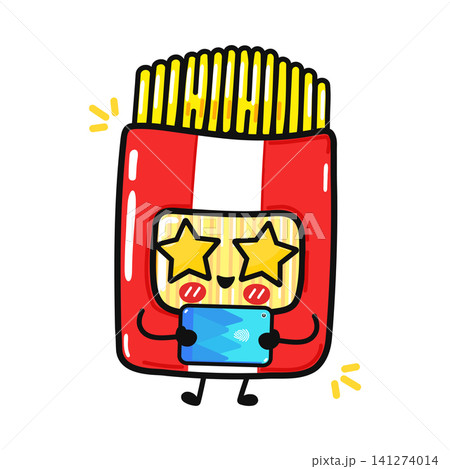 Cute spaghetti package character using smartphone happily Cute spaghetti package character using smartphone happily 141274014