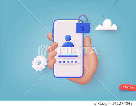 Account login and password form on smartphone app. User authorization, login authentication page, sign up concept. 3D Web Vector Illustrations. Account login and password form on smartphone app. User authorization, login authentication page, sign up concept. 3D Web Vector Illustrations. 141274048