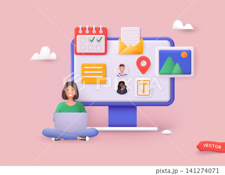 Set of UI and UX designers creating functional web interface design for websites and mobile apps. Digital wireframing process concept. 3D Web Vector Illustration. 141274071