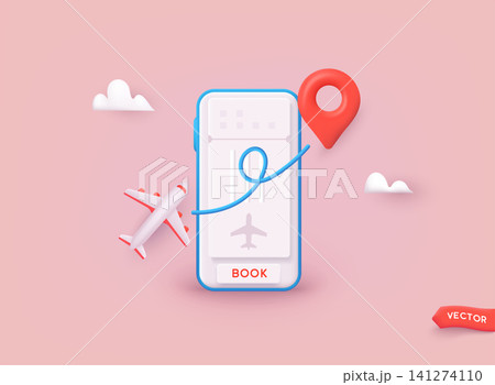 Flight tickets online booking. Tourism and travel planning. 3D Web Vector Illustrations. Flight tickets online booking. Tourism and travel planning. 3D Web Vector Illustrations. 141274110