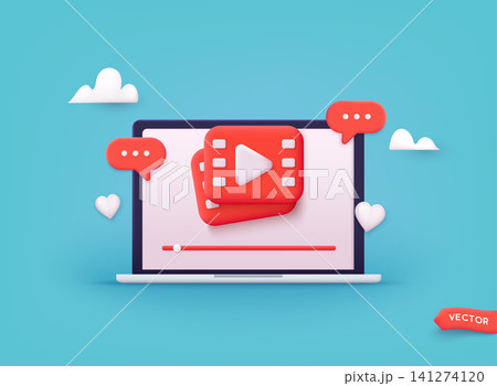 Play video icon vector on laptop screen. Movie icon. 3D Web Vector Illustrations. Play video icon vector on laptop screen. Movie icon. 3D Web Vector Illustrations. 141274120