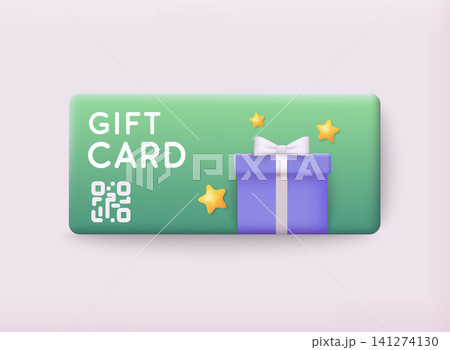 Gift vouchers with ribbons and gift box. 3D Vector Illustrations. 141274130
