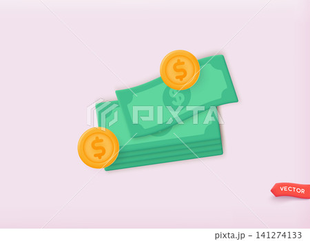 3d realistic cartoon gold coins and dollar banknote bundle.  3D Web Vector Illustrations. 141274133