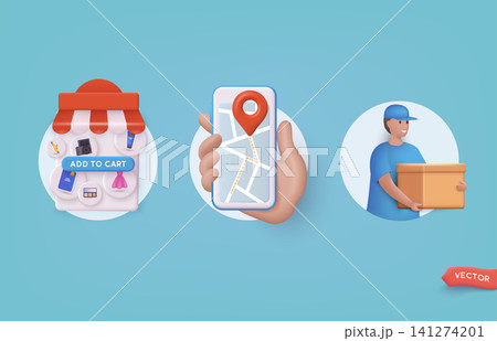 Online delivery service concept, online order tracking, delivery home and office. 3D Web Vector Illustrations. Online delivery service concept, online order tracking, delivery home and office. 3D Web Vector Illustrations. 141274201