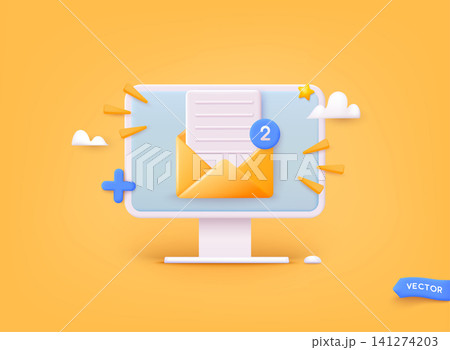 Open mail envelope icon on computer screen. Subscribe to newsletter. Vector illustration for online marketing and business. 3D Web Vector Illustrations. 141274203
