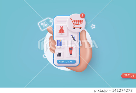 Hand holding mobile smart phone with shopp app. Online shopping concept. 3D Web Vector Illustrations. Hand holding mobile smart phone with shopp app. Online shopping concept. 3D Web Vector Illustrations. 141274278