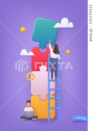 Business concept. Team metaphor. people connecting puzzle elements. Workflow, colleagues working on same project. 3D Web Vector Illustrations. Business concept. Team metaphor. people connecting puzzle elements. Workflow, colleagues working on same project. 3D Web Vector Illustrations. 141274315