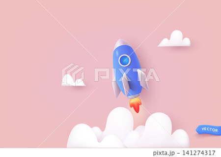Rocket and copy space for start up. Successful startup business concept. 3D Vector Illustrations. Rocket and copy space for start up. Successful startup business concept. 3D Vector Illustrations. 141274317