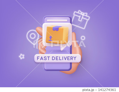Online fast delivery service concept, online order tracking, delivery home and office. 3D Vector Illustrations. Online fast delivery service concept, online order tracking, delivery home and office. 3D Vector Illustrations. 141274361