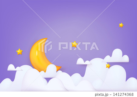 Night sky background with half moon, clouds and stars. 3D Vector Illustrations. Night sky background with half moon, clouds and stars. 3D Vector Illustrations. 141274368