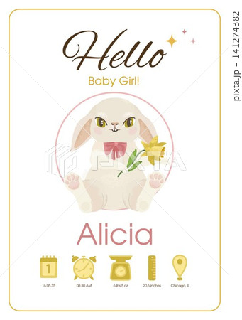 Baby girl birth announcement with bunny and daffodils and newborn details for nursery keepsake 141274382