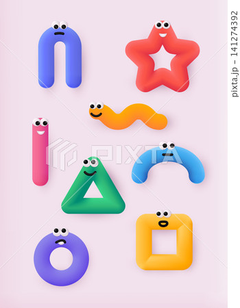 Set of various bright geometric Figures with face emotions. Cute funny characters. 3D web Vector Illustrations. Set of various bright geometric Figures with face emotions. Cute funny characters. 3D web Vector Illustrations. 141274392
