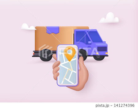 Hand holding phone with tracking delivery app. Online delivery service concept, online order tracking, delivery home and office. 3D web Vector Illustrations. Hand holding phone with tracking delivery app. Online delivery service concept, online order tracking, delivery home and office. 3D web Vector Illustrations. 141274396