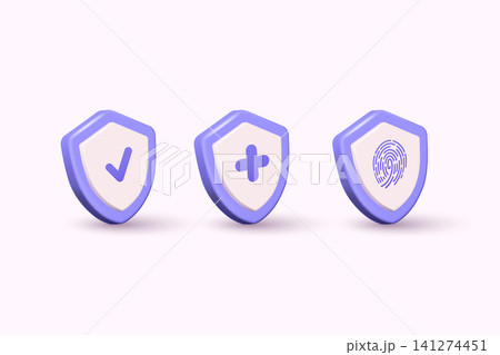 Shield with check mark, cross and finger print sign. Symbol security safety icon. 3D Web Vector Illustrations. Shield with check mark, cross and finger print sign. Symbol security safety icon. 3D Web Vector Illustrations. 141274451