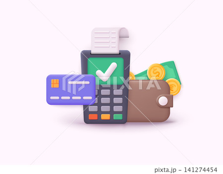 Dollars and gold coins stack. Wealth and banking icon. 3d payment terminal with red cross checkmark. Cashless NFC payment transaction canceled. 3D Web Vector Illustrations. 141274454