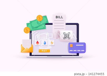 Payment concept. Invoice and electricity meter. Utility bills payment. Payment of utility, bank, restaurant and other. 3D Vector Illustrations. 141274455