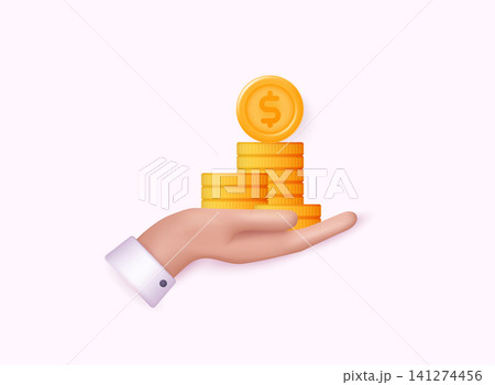 3D Stack of Gold Coins in a hand. Growth, Income, Savings, Investment. Symbol of Wealth. Business Success. 3D Vector Illustrations. 3D Stack of Gold Coins in a hand. Growth, Income, Savings, Investment. Symbol of Wealth. Business Success. 3D Vector Illustrations. 141274456