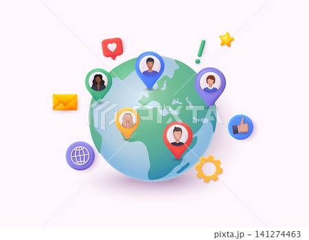 Global communication network. Social media communication systems and technologies. 3D Web Vector Illustrations. 141274463
